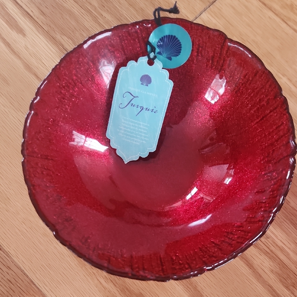 Set of Two Red Glass Bowls Sparkly Handcrafted - Picture 6 of 15